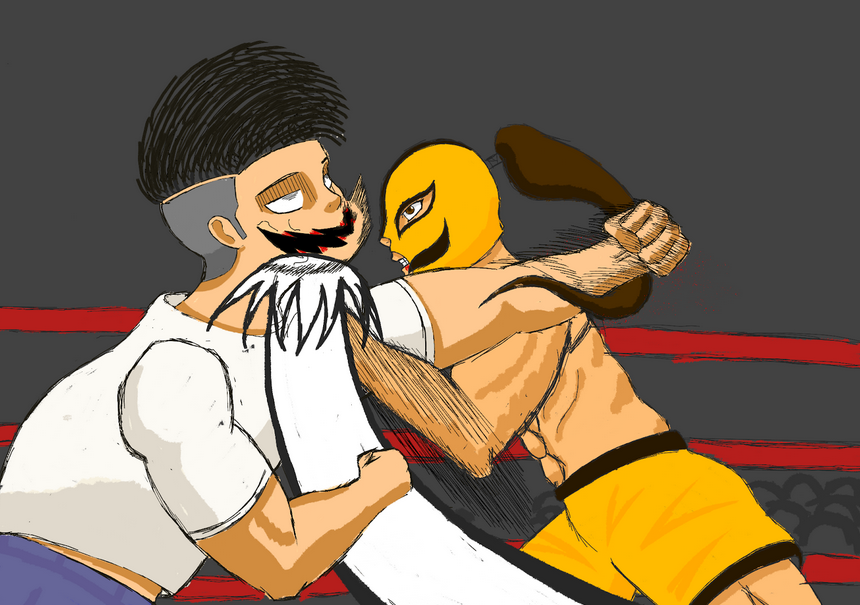 A man in a luchador mask punches another man in the face.