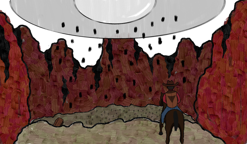 A man on a horse in the desert stares at a large grey craft in the sky.